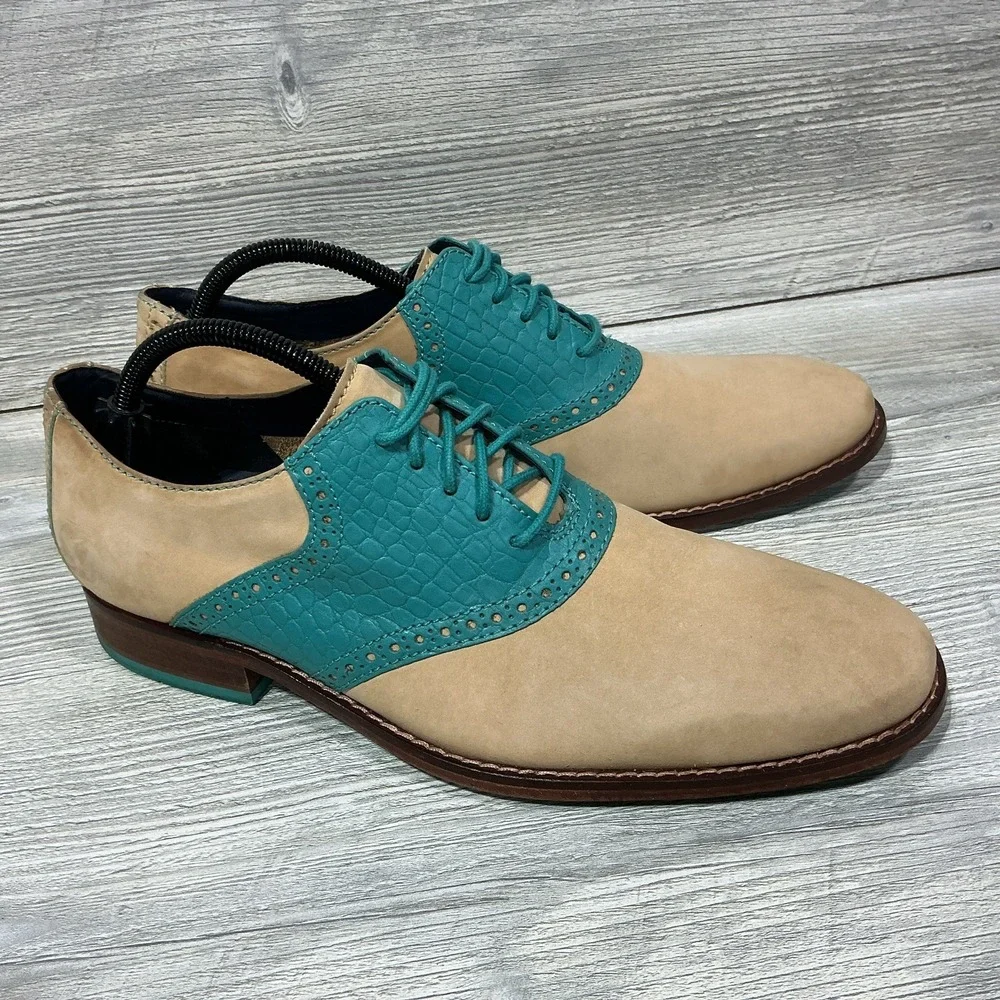 Cole Haan Tan Suede Green Croc Embossed Laced-Up Oxford Men's 9.5M Formal Career
